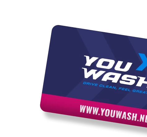 Een blauw-roze waspas van YouWash met het opschrift "Drive Clean, Feel Great" en de website www.youwash.nl.